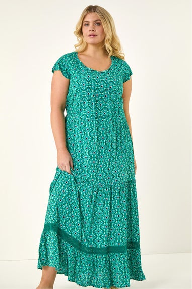 Roman Turquoise Curve Floral Print Swing Midi Dress