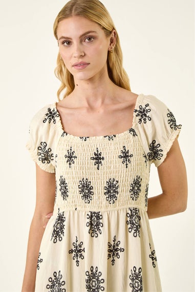 Roman Ivory Borderie Shirred Maxi Dress