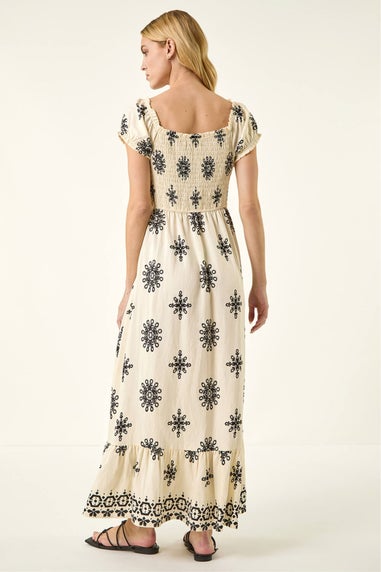 Roman Ivory Borderie Shirred Maxi Dress