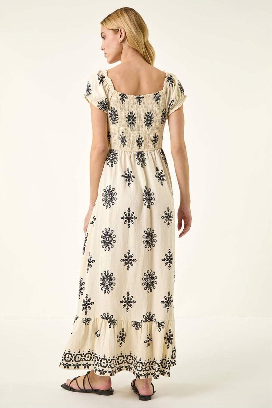 Roman Ivory Borderie Shirred Maxi Dress