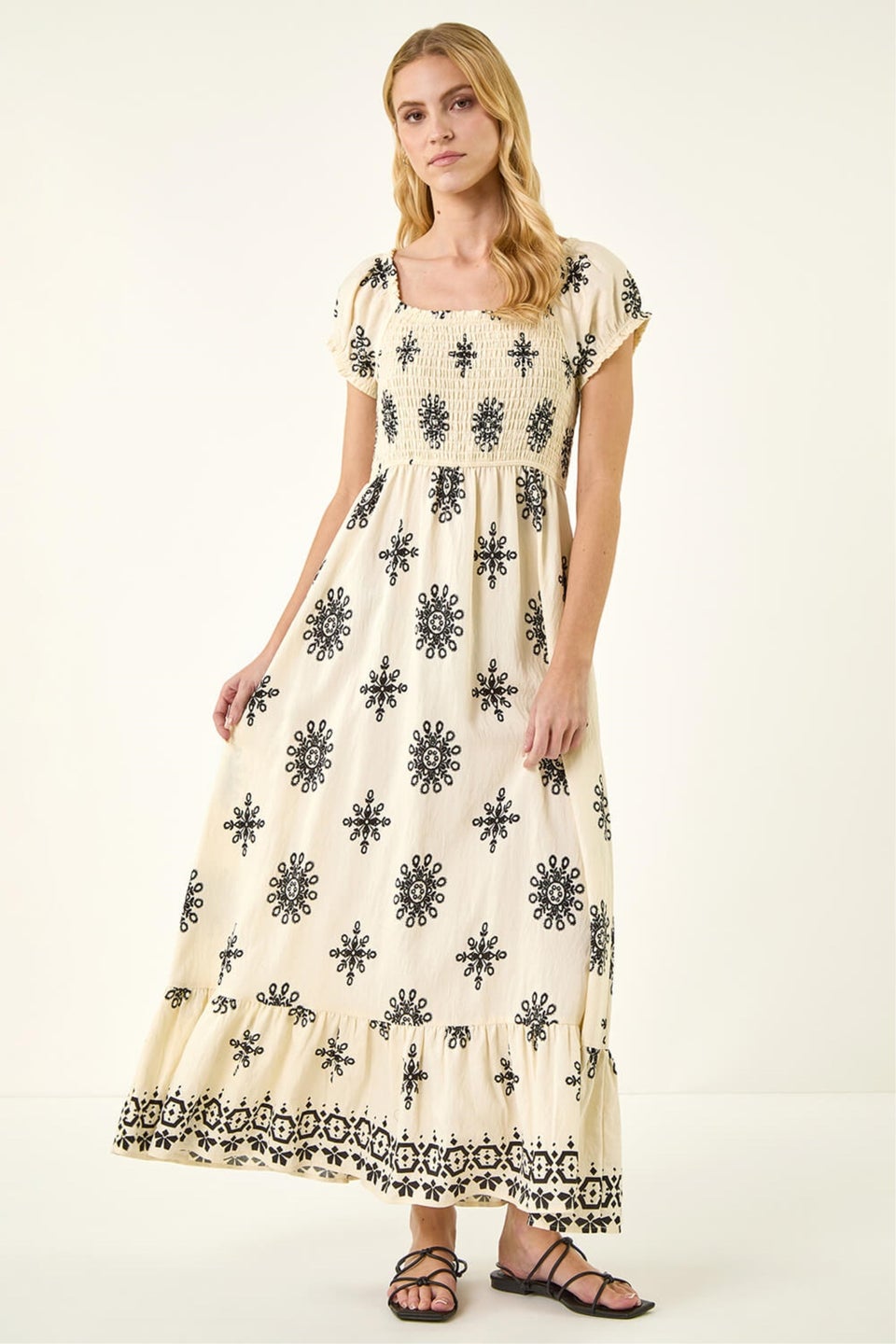 Roman Ivory Borderie Shirred Maxi Dress