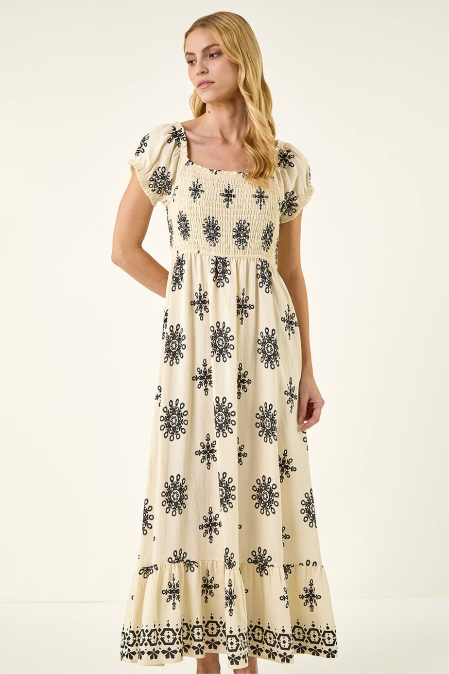 Roman Ivory Borderie Shirred Maxi Dress