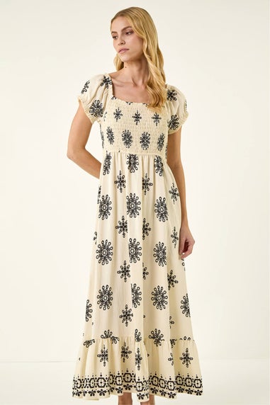 Roman Ivory Borderie Shirred Maxi Dress