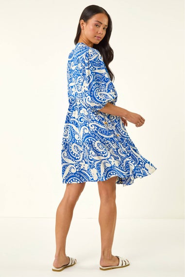 Roman Royal Blue Petite Print Button Smock Dress