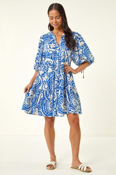 Roman Royal Blue Petite Print Button Smock Dress