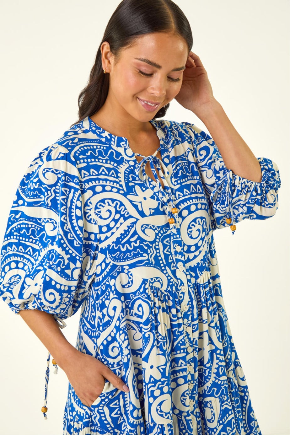 Roman Royal Blue Petite Print Button Smock Dress