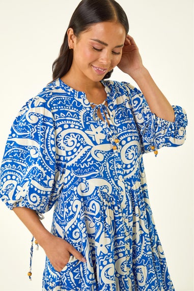 Roman Royal Blue Petite Print Button Smock Dress