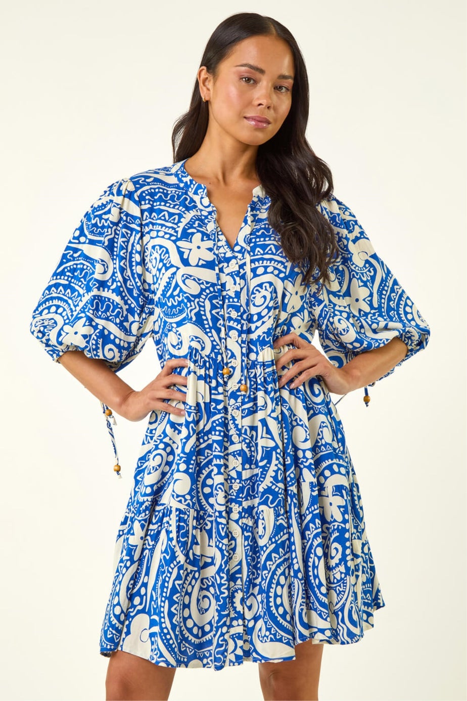 Roman Royal Blue Petite Print Button Smock Dress