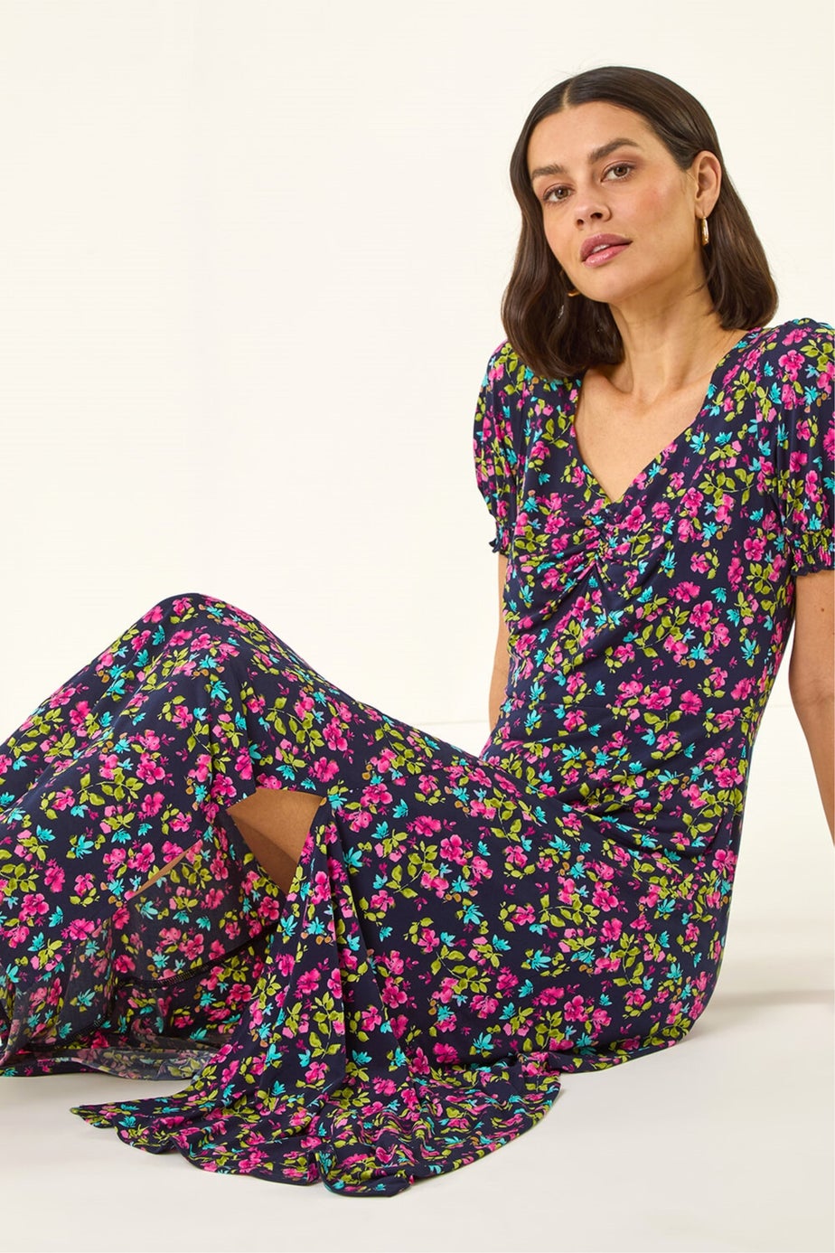 Roman Pink Floral Print Ruched Stretch Midi Dress