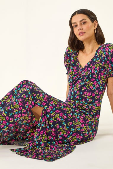 Roman Pink Floral Print Ruched Stretch Midi Dress