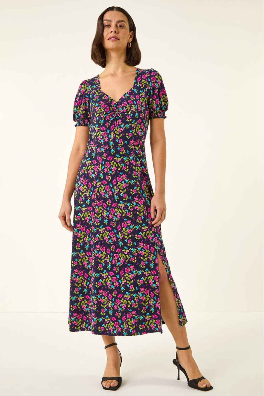 Roman Pink Floral Print Ruched Stretch Midi Dress