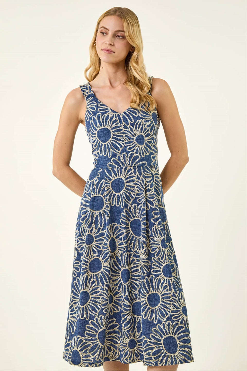 Roman Blue Floral Puff Print Midi Dress