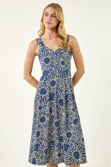 Roman Blue Floral Puff Print Midi Dress
