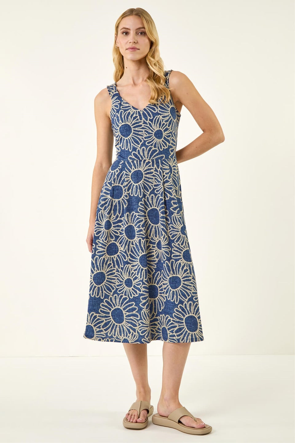 Roman Blue Floral Puff Print Midi Dress