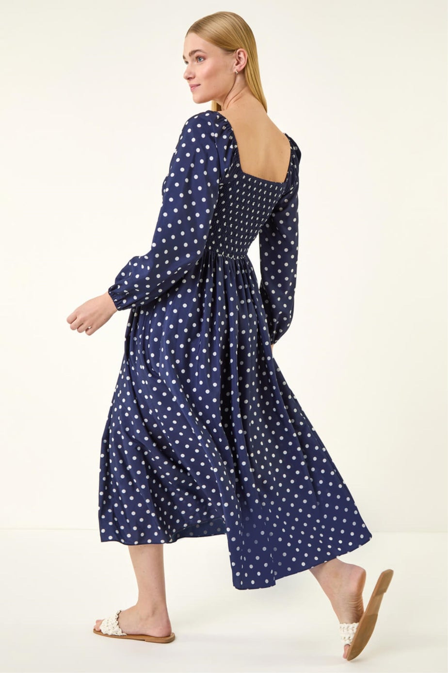 Roman Navy Spot Shirred Midi Dress