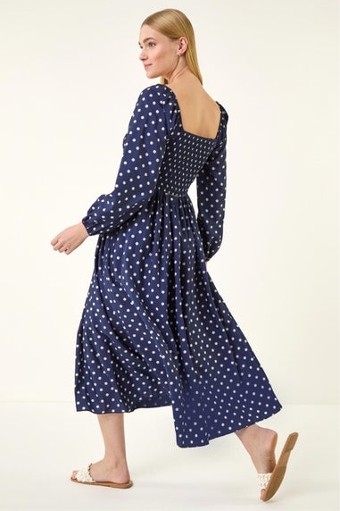 Roman Navy Spot Shirred Midi Dress