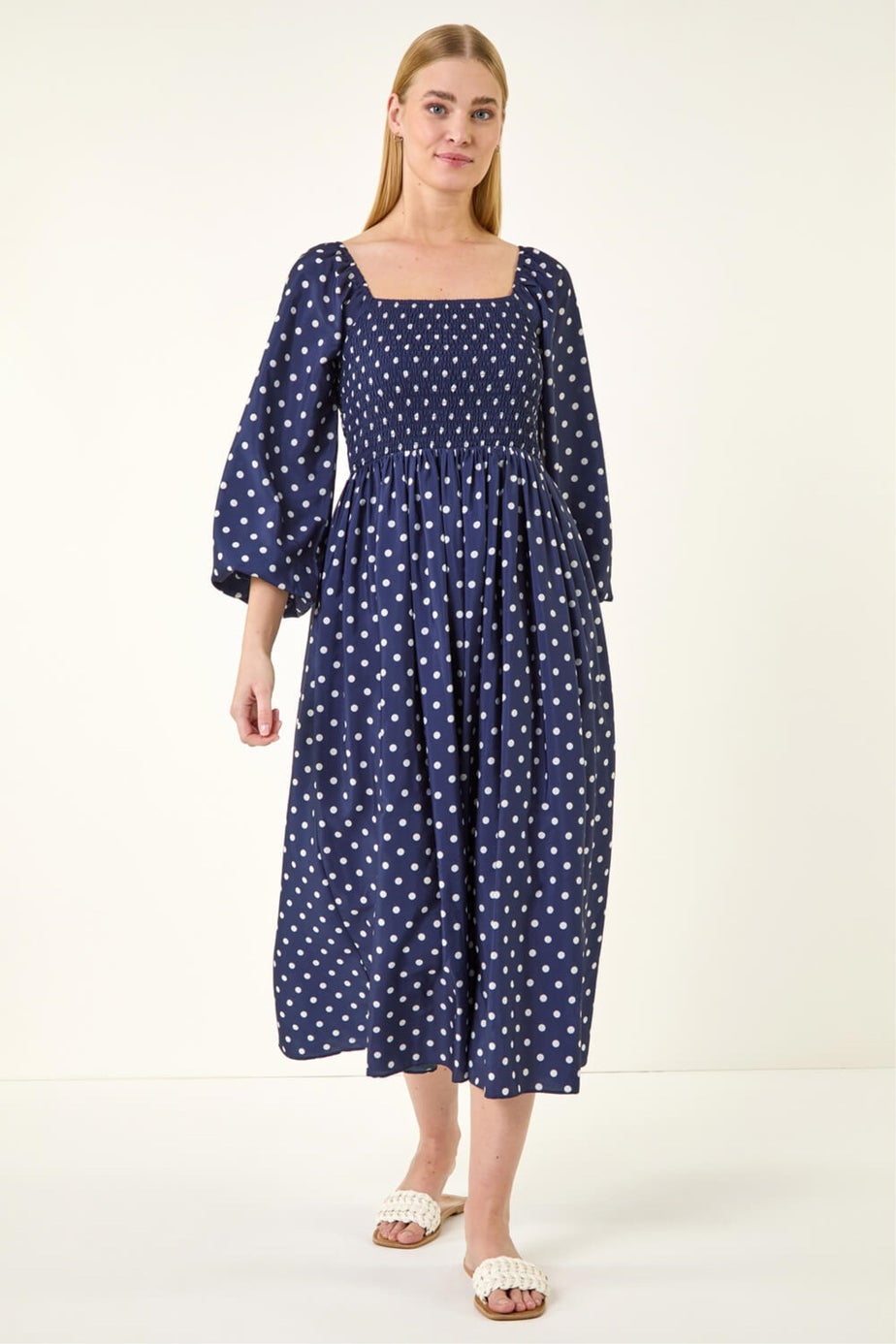 Roman Navy Spot Shirred Midi Dress