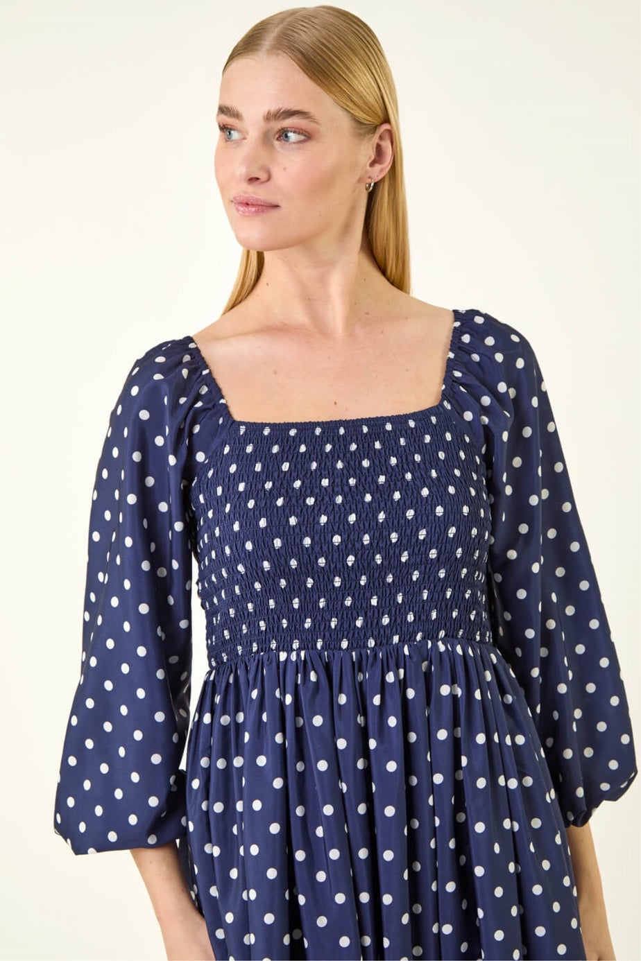 Roman Navy Spot Shirred Midi Dress