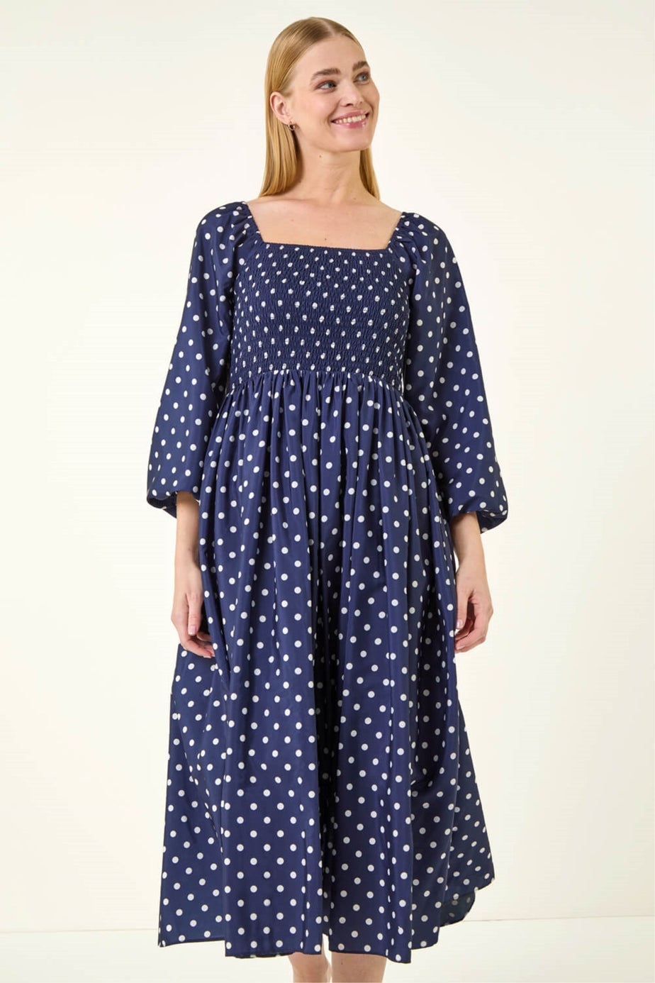 Roman Navy Spot Shirred Midi Dress
