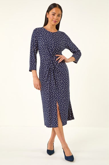 Roman Navy Petite Spot Front Knot Dress