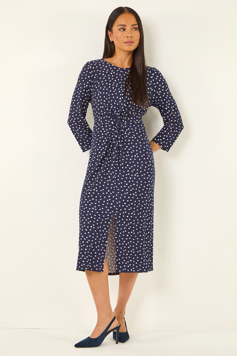 Roman Navy Petite Spot Front Knot Dress