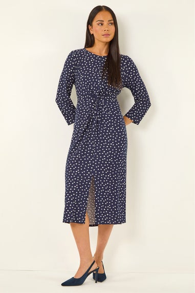 Roman Navy Petite Spot Front Knot Dress