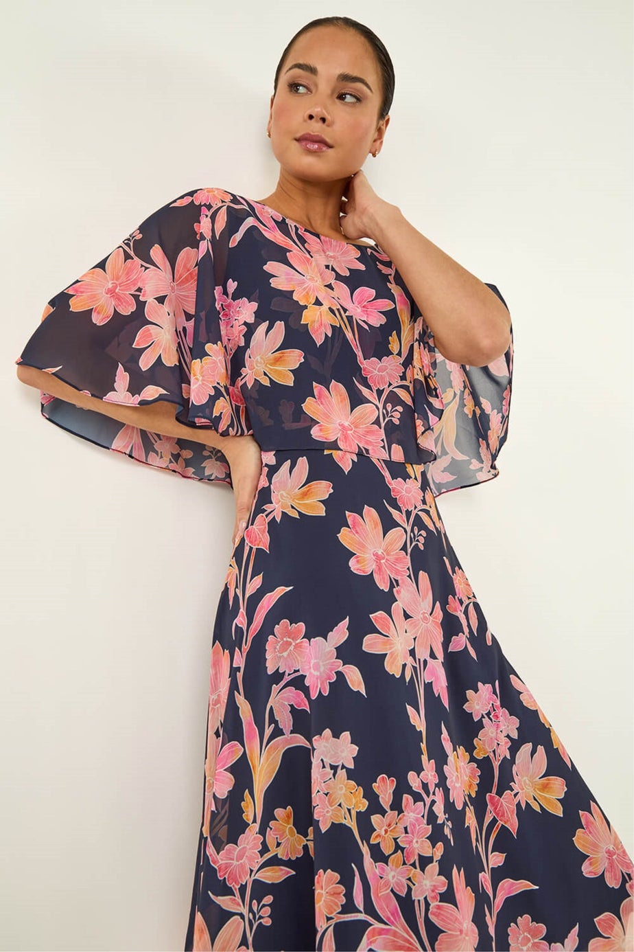 Roman Navy Petite Floral Print Cape Dress