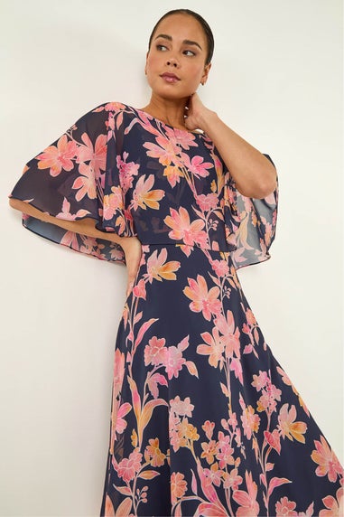 Roman Navy Petite Floral Print Cape Dress