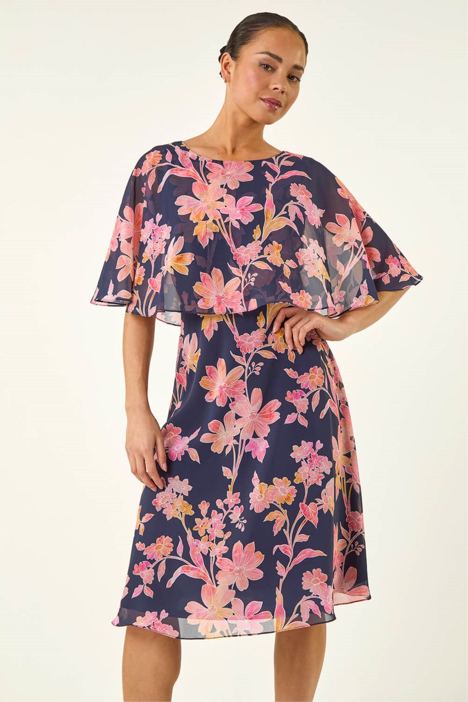 Roman Navy Petite Floral Print Cape Dress