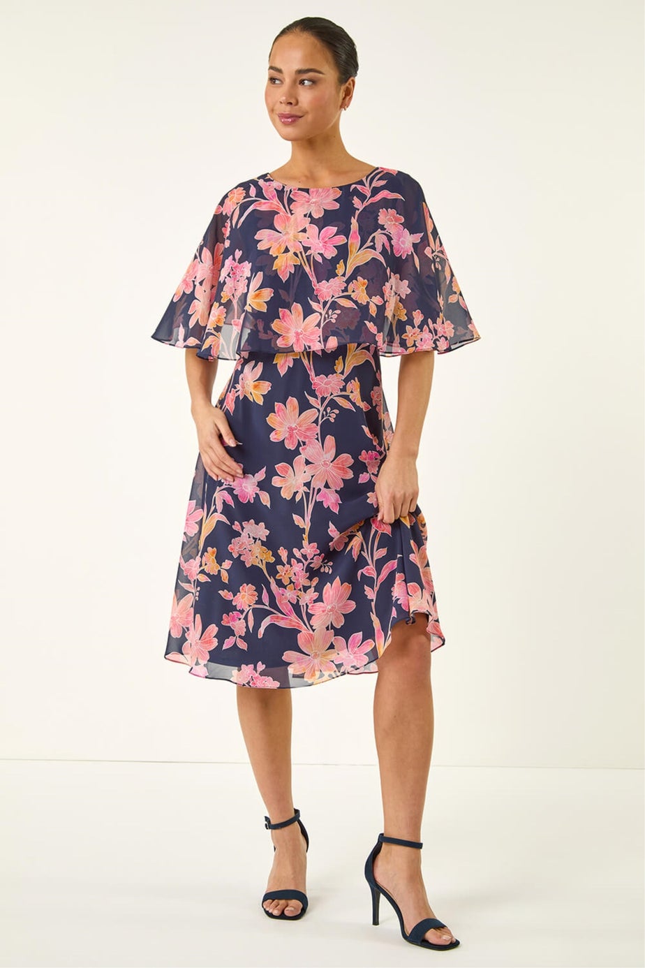 Roman Navy Petite Floral Print Cape Dress