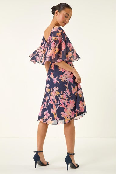 Roman Navy Petite Floral Print Cape Dress
