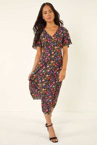 Roman Black Petite Ditsy Floral Print Midi Dress