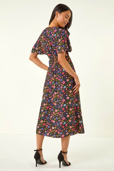 Roman Black Petite Ditsy Floral Print Midi Dress
