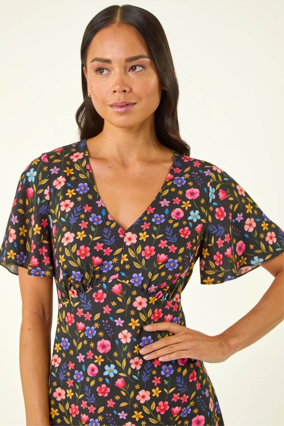 Roman Black Petite Ditsy Floral Print Midi Dress