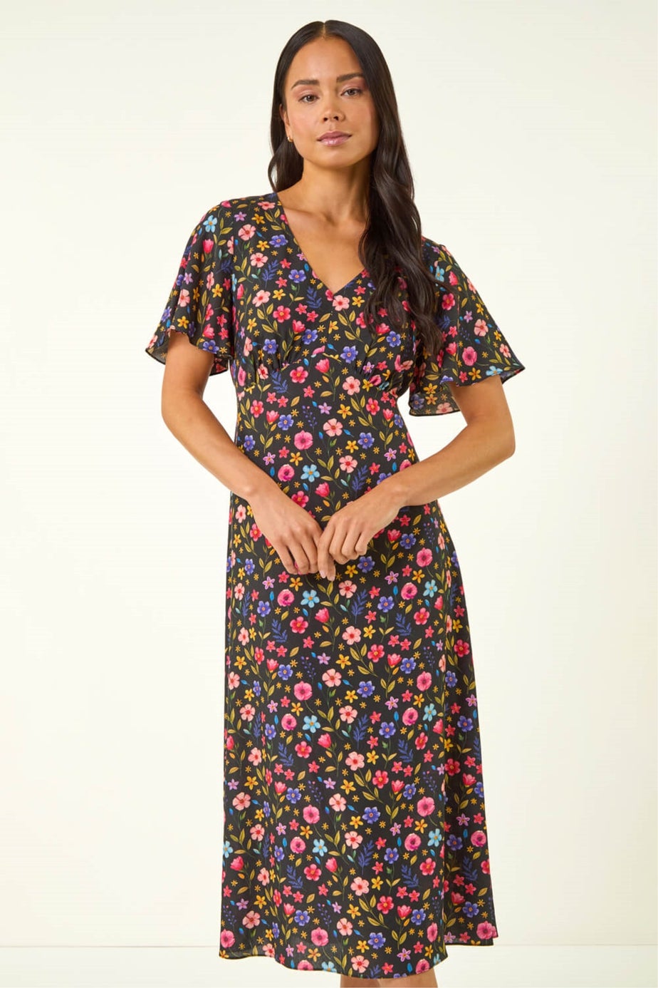 Roman Black Petite Ditsy Floral Print Midi Dress