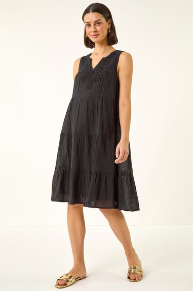 Roman Black Cotton Trim Detail Smock Dress