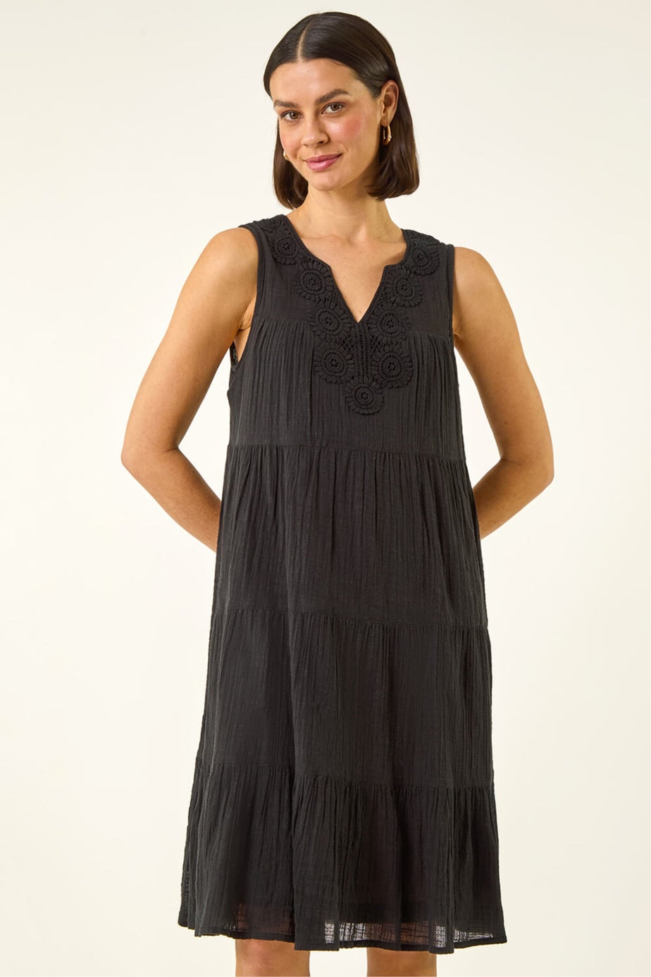 Roman Black Cotton Trim Detail Smock Dress