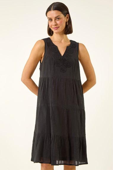Roman Black Cotton Trim Detail Smock Dress