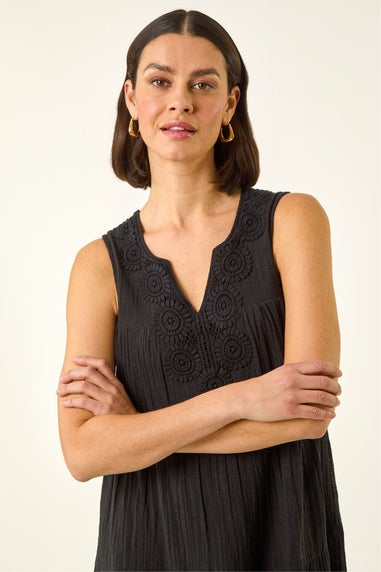 Roman Black Cotton Trim Detail Smock Dress