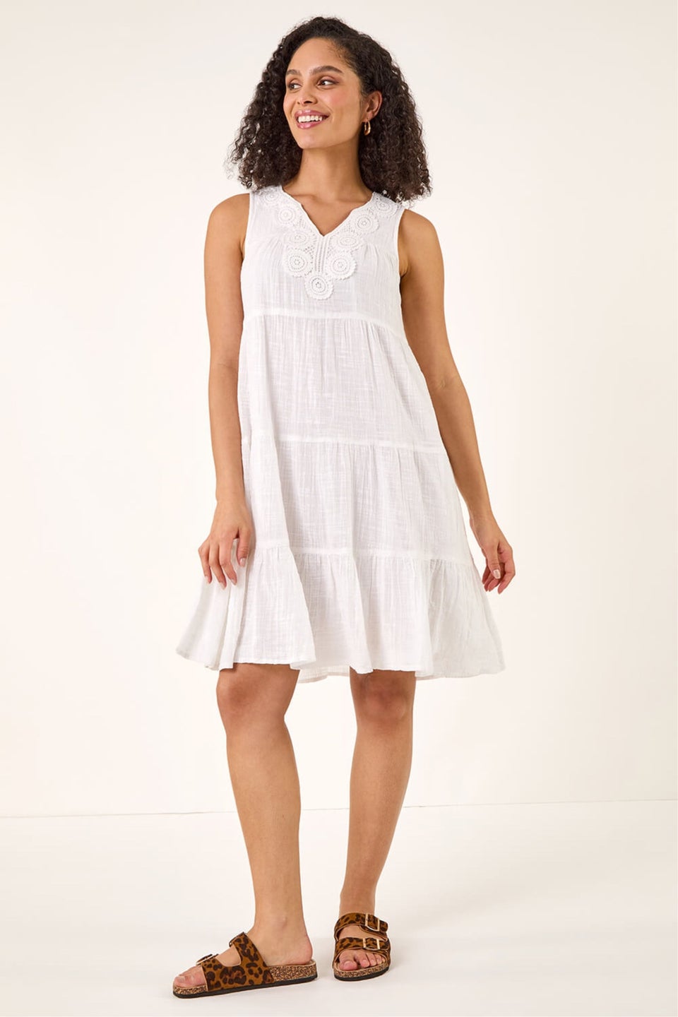 Roman White Cotton Trim Detail Smock Dress