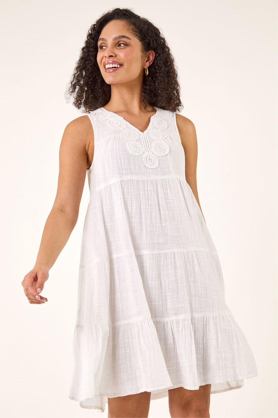 Roman White Cotton Trim Detail Smock Dress
