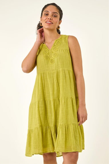 Roman Lime Cotton Trim Detail Smock Dress