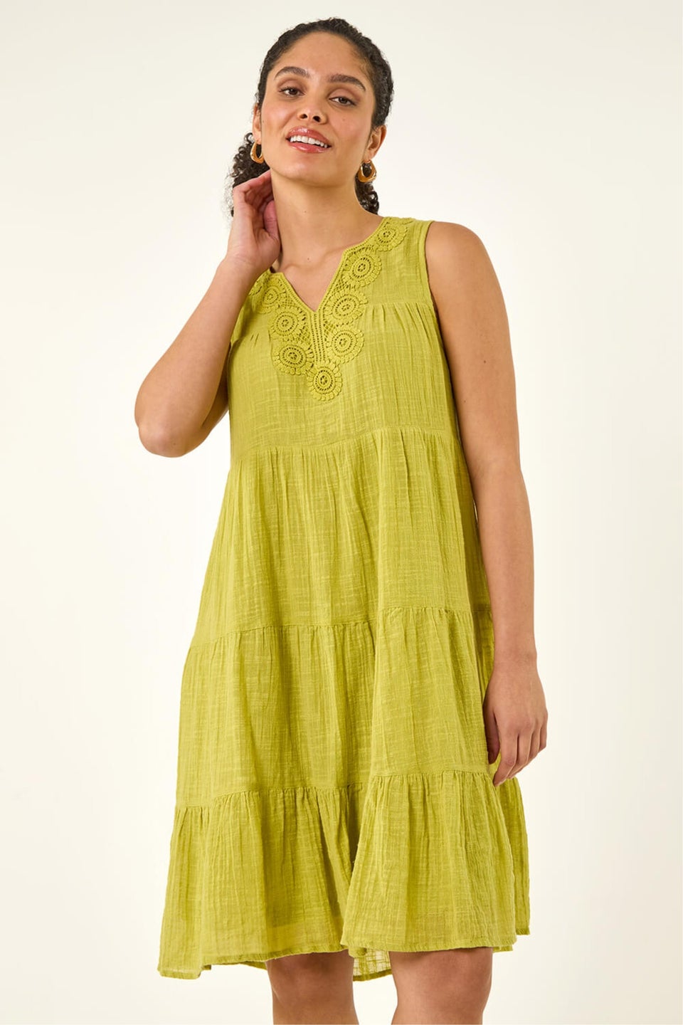 Roman Lime Cotton Trim Detail Smock Dress