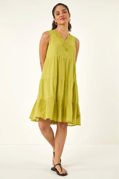 Roman Lime Cotton Trim Detail Smock Dress