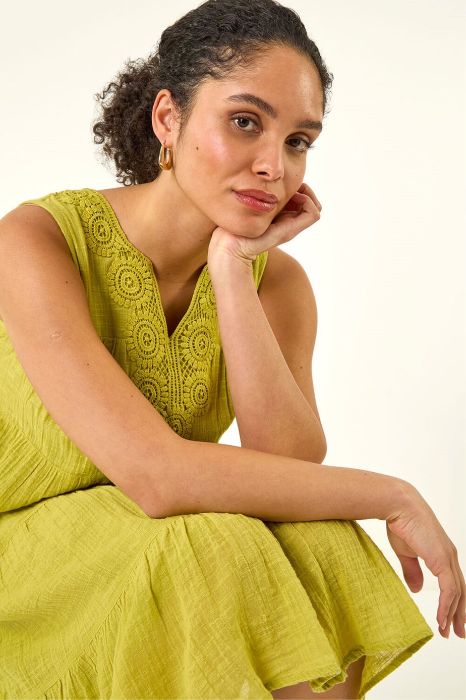 Roman Lime Cotton Trim Detail Smock Dress