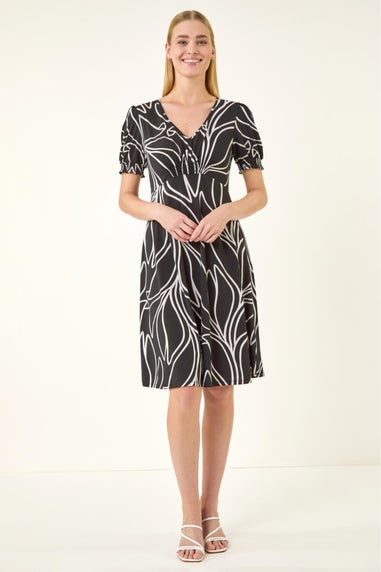Roman Black Leaf Print Gathered Midi Dress