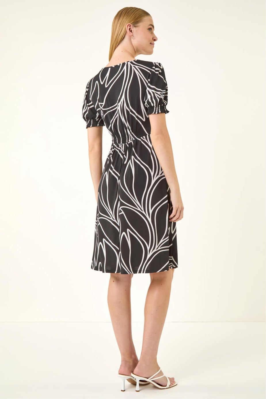 Roman Black Leaf Print Gathered Midi Dress