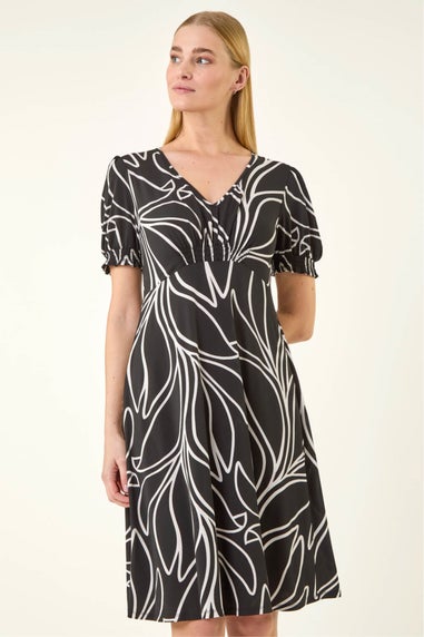 Roman Black Leaf Print Gathered Midi Dress