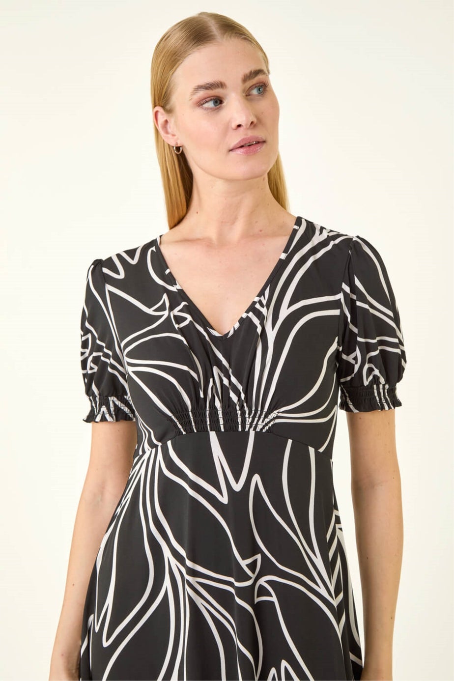 Roman Black Leaf Print Gathered Midi Dress