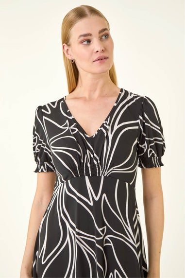 Roman Black Leaf Print Gathered Midi Dress